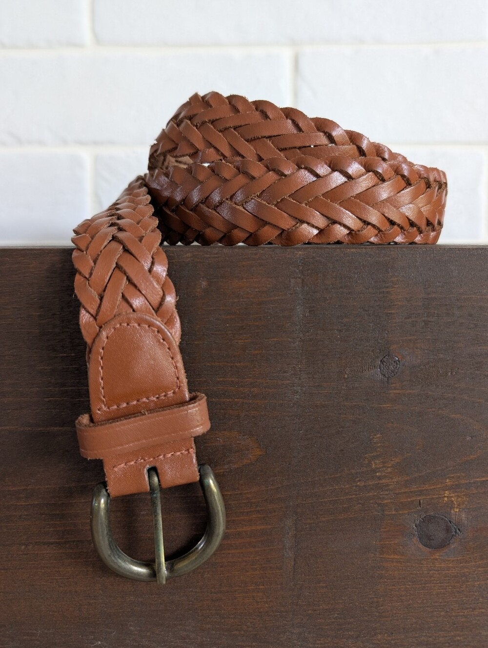 Brown Leather Classic Braided Woven Belt Brass Toned Buckle